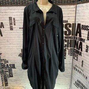 White Mark Black Button Down Long Tab Sleeve Top